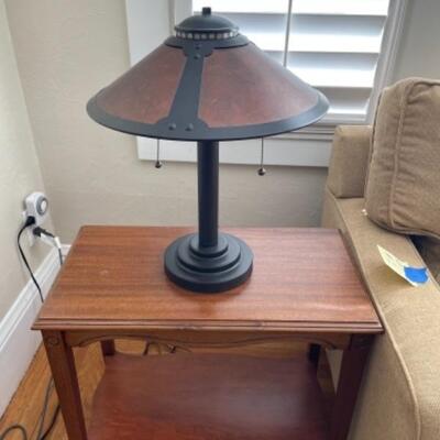 Lot 4LD. Walnut side table (24â€L x 15â€D x 24â€T) with repro Craftsman style lamp (15â€T)--$22