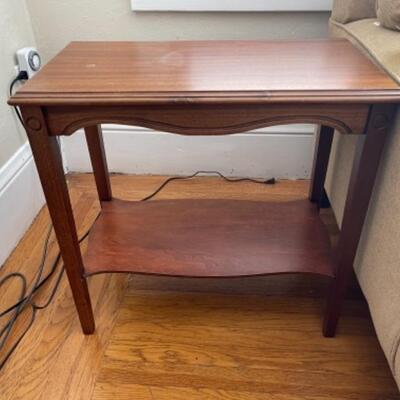 Lot 4LD. Walnut side table (24”L x 15”D x 24”T) with repro Craftsman style lamp (15”T)--$22