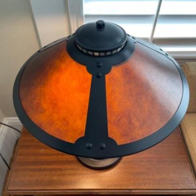 Lot 4LD. Walnut side table (24â€L x 15â€D x 24â€T) with repro Craftsman style lamp (15â€T)--$22