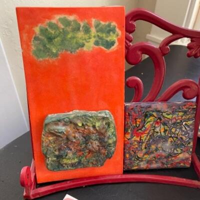 Lot 25LD. Ceramic outsider art—tiles, vases and bowls from Creative Growth Art Center, ceramic vase and lantern — $31.25