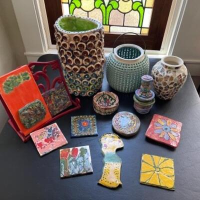 Lot 25LD. Ceramic outsider art—tiles, vases and bowls from Creative Growth Art Center, ceramic vase and lantern — $31.25