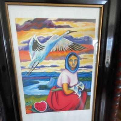 Lot 35LD. ‘Message of Abundance’ Framed signed limited edition lithograph of woman with crane, Antique wood frame --$90