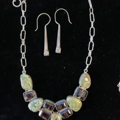 Lot 73LD. Vintage sterling silver and gem stone necklace with sterling silver drop earrings (marked)--$151.70