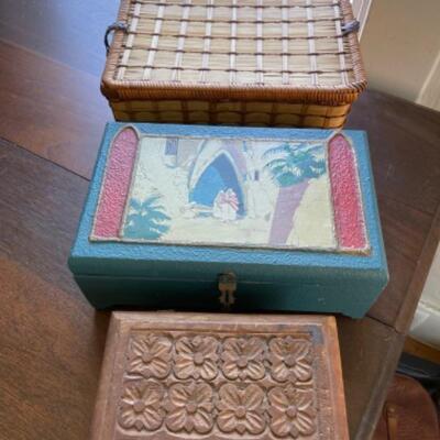 Lot 84BR. Three wooden and woven boxesâ€”vintage blue painted (as is), wicker hamper, wood carved--$6.25