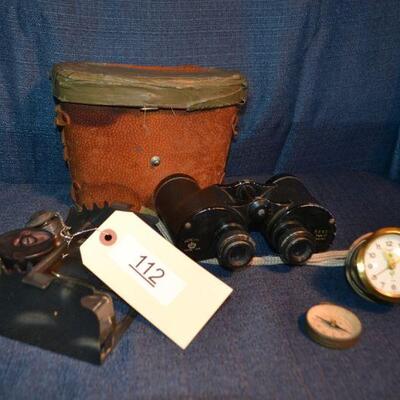 LOT 112 vintage binoculars, compass and clock