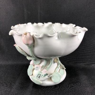 Vintage Pedestal Ceramic Rose Embellished Bowl Dish