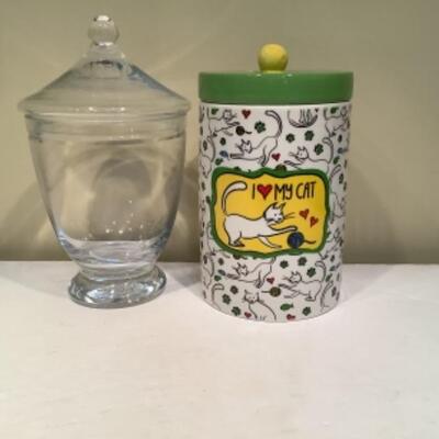 O - 1254. 1 Restoration Hardware Clear Glass Canister & 1 Ceramic Canister 