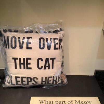 O - 1256. Large Decorative Cat Related Pillow & Sign