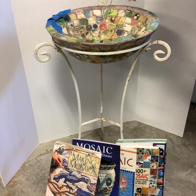 G - 1271. Mosaic Bird Bath on Wrought Iron Stand 