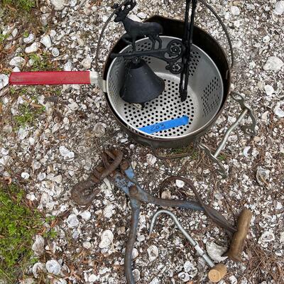 Lot 203 - Fryer, Deer Bell, Meat Hooks and Bridle