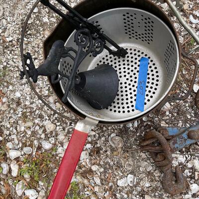 Lot 203 - Fryer, Deer Bell, Meat Hooks and Bridle