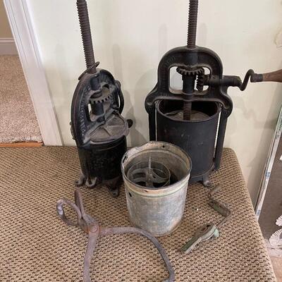 Lot 206 - Antique Presses, Pail and Ice Tongs