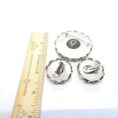 Silver Tone Flower Pin Brooch & Matching Clip Earrings 