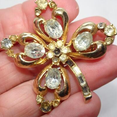 Gold Tone Rhinestone Pin - missing stones 