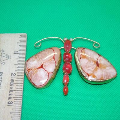 Gold Tone Faux Gem Stone Butterfly Pin, Handmade Craft Piece 