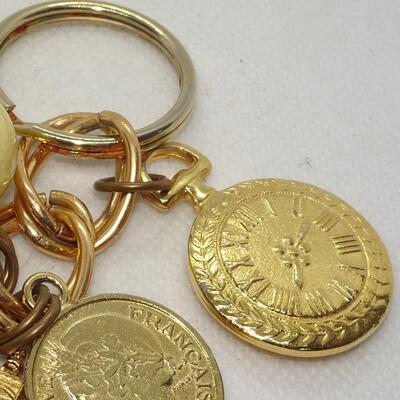 Gold Tone Key Ring Holder, Coin, Clock, Building 
