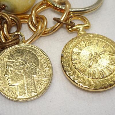 Gold Tone Key Ring Holder, Coin, Clock, Building 