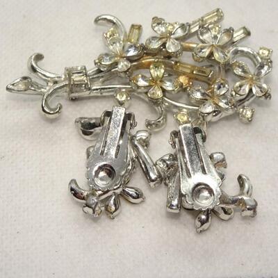 Silver Tone Rhinestone Brooch & Clip Earring Set 