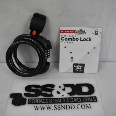 Schwinn 5' x 12mm Cable Lighted Lock Combo - Black. Open Package - New