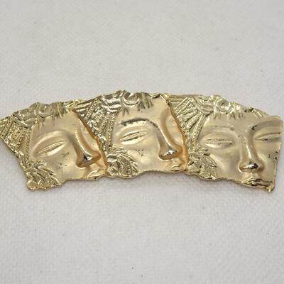 Signed JJ Gold tone Art Deco Trio of  Asian Lady Face Brooch Pin