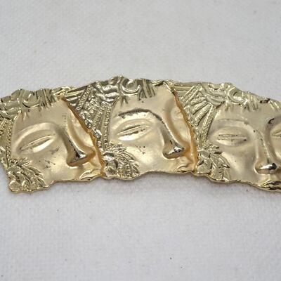 Signed JJ Gold tone Art Deco Trio of  Asian Lady Face Brooch Pin