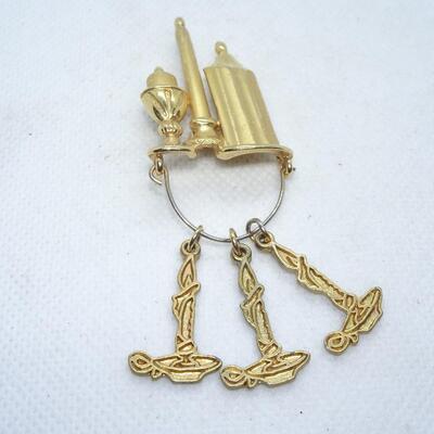 Gold Tone Candle Charm Holder Brooch 