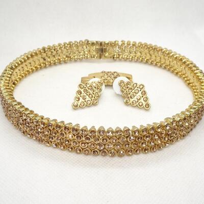 Gold Tone Rhinestone Choker Necklace & Post Earring Set - comes with extender