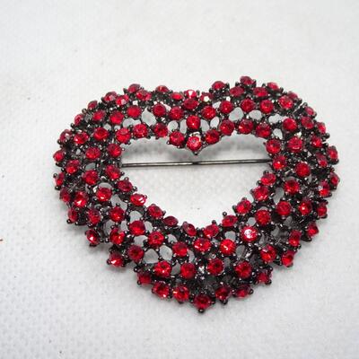 Ruby Red Rhinestone Heart Brooch 