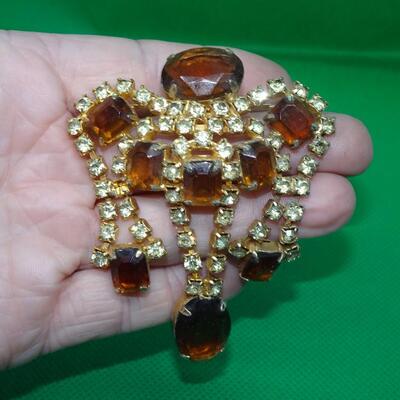 Amber Colored Rhinestone Victorian Style Dangle Brooch 