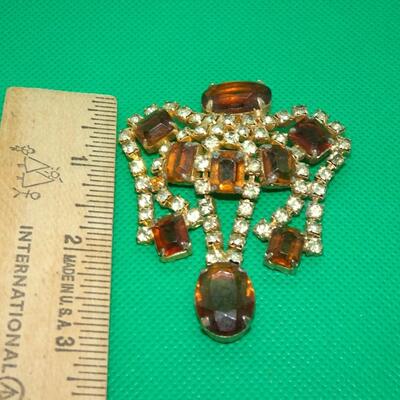 Amber Colored Rhinestone Victorian Style Dangle Brooch 