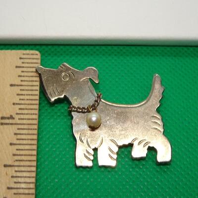 Scottie Dog Pin w/Pearl chain necklace Brooch 