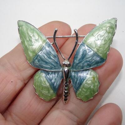 Pretty Enamel Blue & Green Butterfly Brooch 