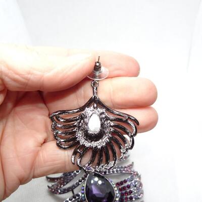 Purple Peacock Feather Statement Necklace & Matching Dangle Earrings 