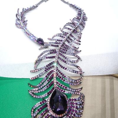 Purple Peacock Feather Statement Necklace & Matching Dangle Earrings 