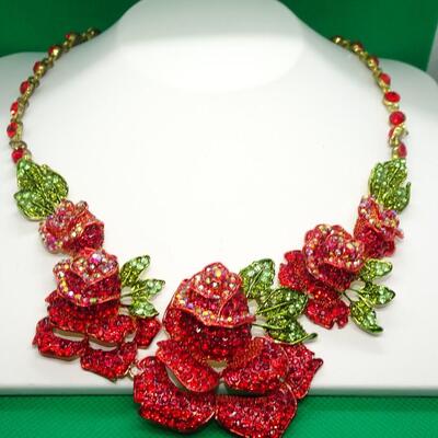 Gold Tone Rose Rhinestone Statement Necklace & Earring Set 