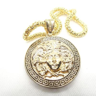 Medusa Head Coin Pendant, Gold Tone Pendant Necklace 