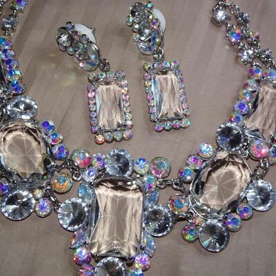 Aurora Borealis Colored Rhinestone Pendant Necklace & Earrings - Prom Jewelry 