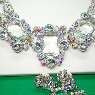 Aurora Borealis Colored Rhinestone Pendant Necklace & Earrings - Prom Jewelry 