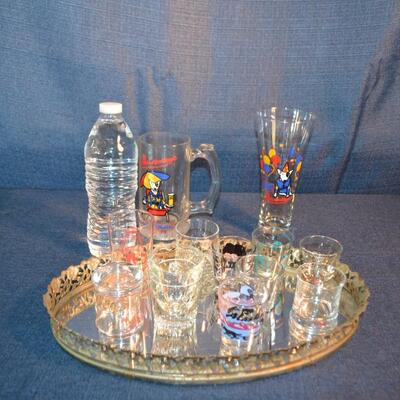 LOT 159 variety of shot glasses and glasses Plus mirror tray