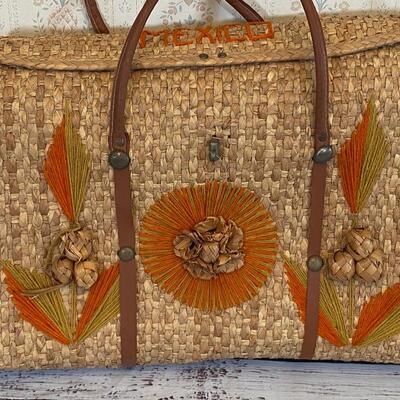 Vintage Mexican Mexico Souvenir Straw Beach Tote Bag Large Purse Floral orange green stitchings