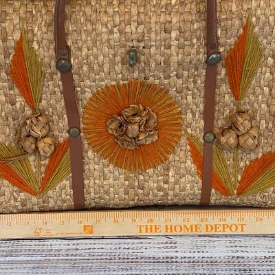 Vintage Mexican Mexico Souvenir Straw Beach Tote Bag Large Purse Floral orange green stitchings