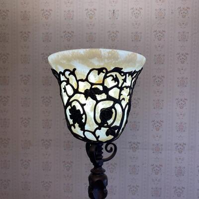 Floor Lamp, Torch Style with filligree style metal working and cream colored glass shade