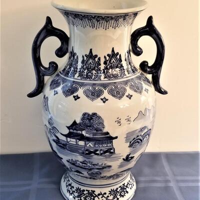 Lot #7  Decorative Blue/White Handled Vase - Asian styling