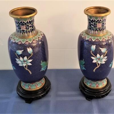 Lot #23  Nice pair of Asian Style Cloisonne Vases on Stands