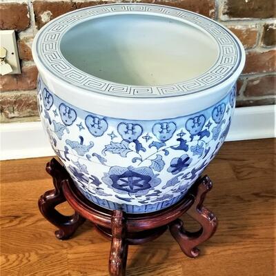 Lot #32  Blue/White Asian Style Garden Planter on stand