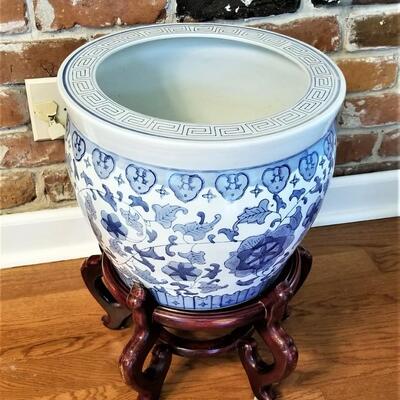 Lot #32  Blue/White Asian Style Garden Planter on stand