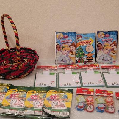 Lot 197: Christmas Basket and Children's Activity Packs, Erasers and Dry Erase Boards