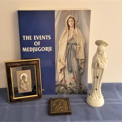 Lot #53  Religious Lot - Virgin Mary book, statue, 2 icons