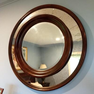 Contemporary Round Wood and Glass Wall Mirror 36