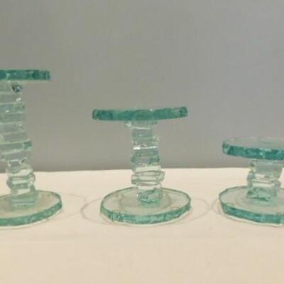 Set of Three Stair Step Glass 'Ice Crystal' Candle Stick Holders
